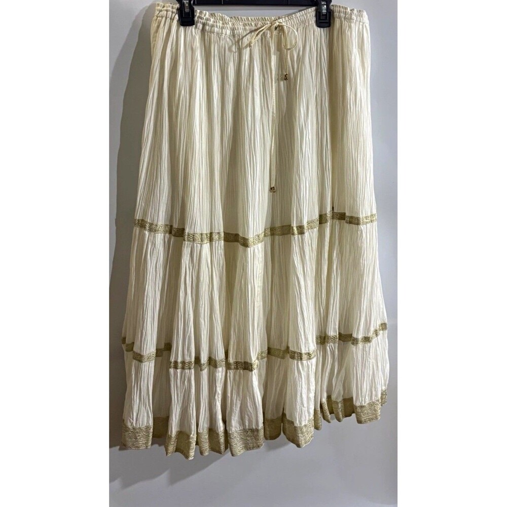 YASB Women's Ivory Solid A-Line Midi Skirt Elastic Waist Drawstring Buttons M